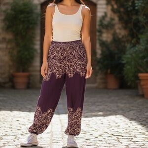 Women’s Purple & White Boho Harem Pants – Size Small – Elastic Waist